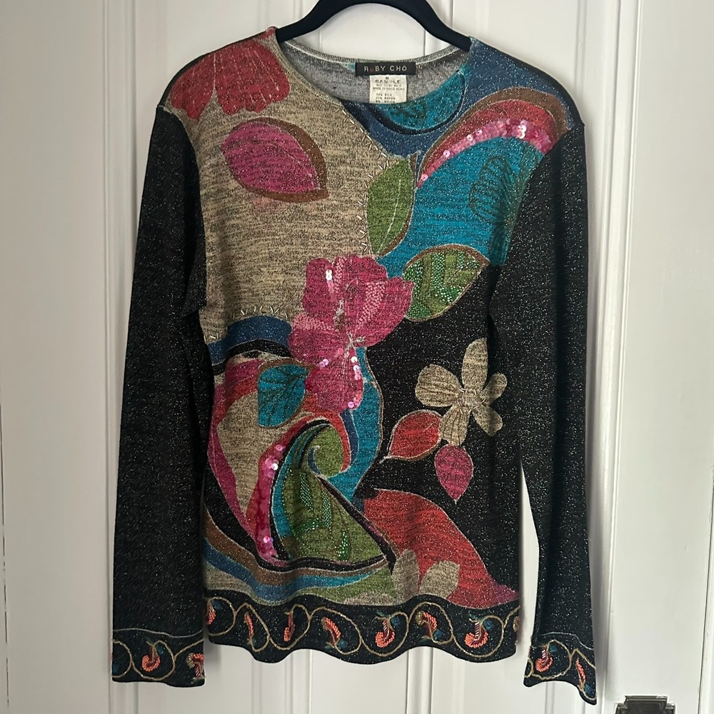 Vintage Ruby Cho Silk Metallic Beaded Floral Top Medium Sample PieceVi